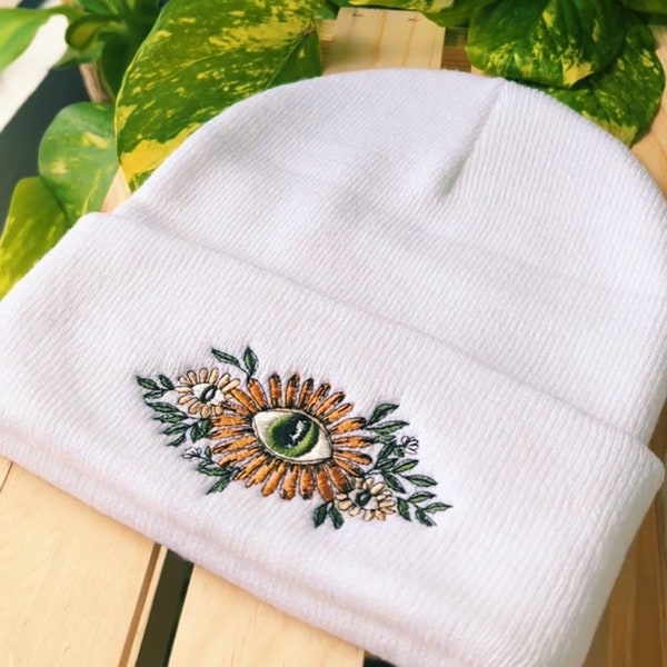 Floral Evil Eye Beanie - Embroidered Beanie - Boho Beanie - Winter Hat - Mushroom Hat - Embroidered Accessory