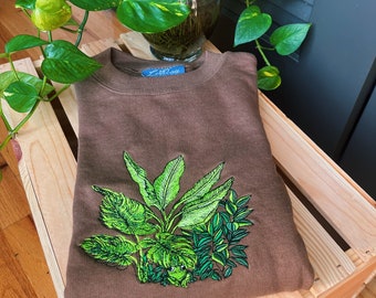 Mocha Botanical Frog Embroidered Crewneck - Unisex Embroidered Pullover - Custom Crewneck - Embroidered Sweatshirt - Hippie Boho Apparel