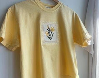 Embroidered Stamped Birth Flower Tee – Artisan Made Women's Boxy Fit Cotton T-Shirt