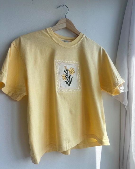 Embroidered Stamped Birth Flower Tee – Actually Handmade Women's Boxy Fit Cotton T-Shirt