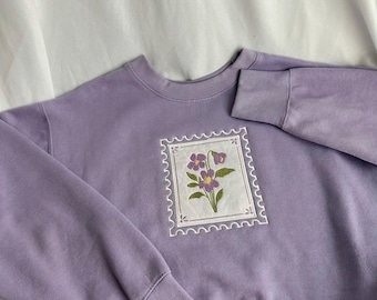 Lavender February Violet Embroidered Sweatshirt - Women's Boxy Fit, Fleece Heavyweight Crewneck
