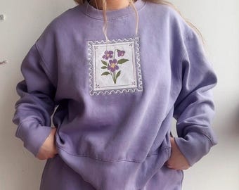 Lavender February Stamp Violet Embroidered Sweatshirt - Women's Boxy Fit, Fleece Heavyweight Crewneck