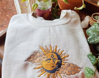 Tan Sun & Moon Embroidered Crewneck - Unisex Embroidered Fleece Pullover - Custom Crewneck - Embroidered Sweatshirt - Mushroom Apparel