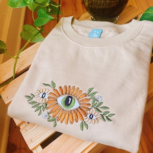 Tan Floral Evil Eye Embroidered Crewneck - Unisex Embroidered Fleece Pullover - Embroidered Sweatshirt - Hippie Boho Apparel