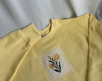 March Daffodil Butter Yellow Embroidered Sweatshirt - Women's Boxy Fit, Fleece Heavyweight Crewneck
