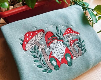 Sage Mushroom Gnome Embroidered Crewneck - Unisex Christmas Fleece Pullover - Custom Crewneck - Winter Sweatshirt - Gifts for her / for him