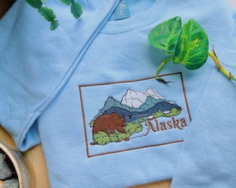 Alaska State Crewneck - Unisex Embroidered Boho Fleece Pullover - Custom Crewneck - Embroidered Sweatshirt - Hippie Granola Cottage Apparel