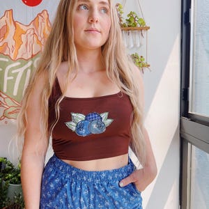 Blueberry Patchwork on Chocolate Brown Cropped Tank Top - Patchwork Embroidered Apparel