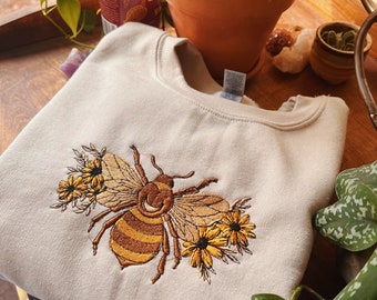 Tan Floral Bumble Bee Embroidered Crewneck - Unisex Embroidered Pullover - Custom Crewneck - Embroidered Sweatshirt - Hippie Boho Apparel