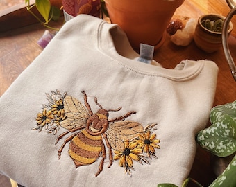 Tan Floral Bumble Bee Embroidered Crewneck - Unisex Embroidered Pullover - Custom Crewneck - Embroidered Sweatshirt - Hippie Boho Apparel