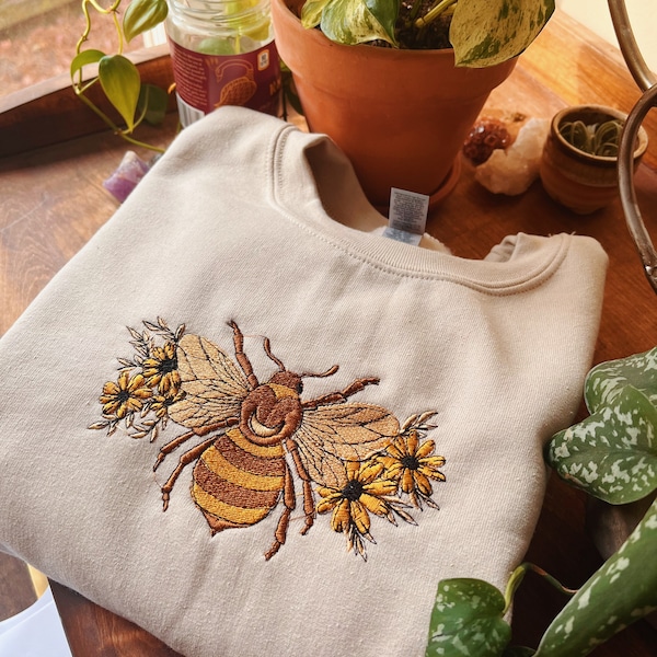 Tan Floral Bumble Bee Embroidered Crewneck - Unisex Embroidered Pullover - Custom Crewneck - Embroidered Sweatshirt - Hippie Boho Apparel