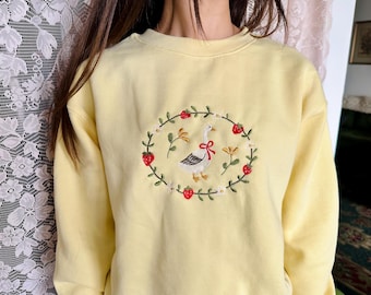 Embroidered Strawberry Goose Women's Boxy Fit Sweatshirt - Unisex Nantucket Embroidered Crewneck