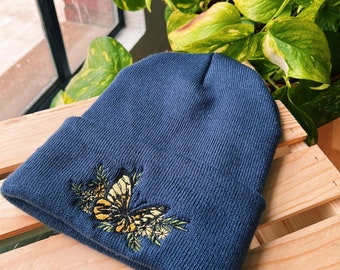Monarch Embroidered Beanie - Yellow Butterfly Handmade Embroidered Toboggan - Boho Indie Cottagecore Beanie - Winter Hat - Botanical Hat