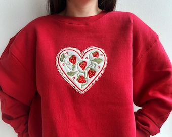 Strawberry Scallop Heart Embroidered Valentine's Day Appliqué Sweatshirt - Women's Pink Galentine's Embroidered Crewneck