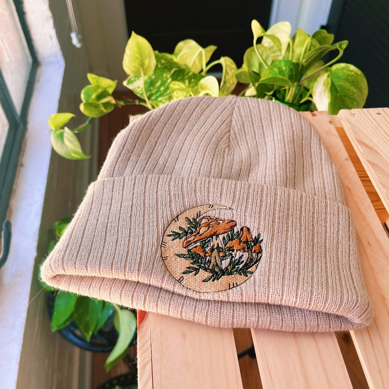 Tan Rib Knit Embroidered Beanie Winter Hat Mushroom Floral Sun & Moon Cottagecore Fall Embroidered Gifts Bee Sustainable image 4