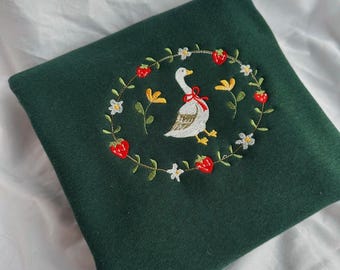Embroidered Strawberry Goose Sweatshirt - Unisex Heavyweight Embroidered Crewneck