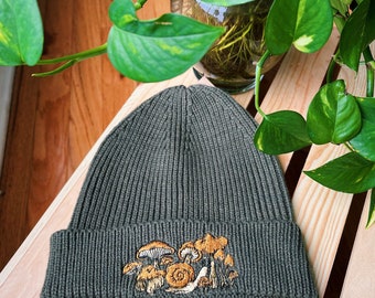 Olive Rib Knit Embroidered Beanie - Winter Hat - Mushroom - Floral - Sun & Moon - Cottagecore Fall Embroidered Gifts - Bee - Sustainable