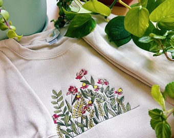 Tan Meadow Embroidered Crewneck - Unisex Embroidered Flower Fleece Pullover - Custom - Embroidered Sweatshirt - Mushroom Floral Apparel