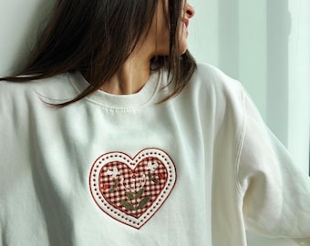 Gingham Heart Embroidered Valentine's Day Appliqué Sweatshirt - Women's Galentine's Crewneck