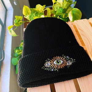 Black Waffle Knit Embroidered Beanie - Winter Hat - Mushroom - Frog - Snail - Sun & Moon - Cottagecore - Fall Embroidered Tobogan - Gifts