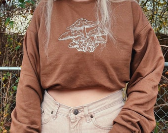 Brown Mushroom Outline Embroidered Crewneck - Unisex Fleece Pullover - Custom Crewneck - Embroidered Sweatshirt - Mushroom Hippie Apparel