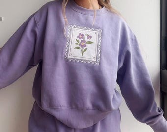 Lavender Embroidered Sweatshirt & Shorts Matching Set - Women's February Violet Fleece Heavyweight Crewneck