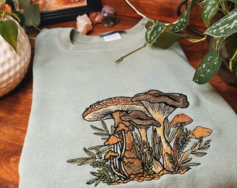 Sage Fungi Foliage Embroidered Crewneck - Unisex Mushroom Fleece Pullover - Fall Sweater - Gifts for Her/ for Him - Cottagecore - Indie