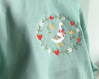 Embroidered Strawberry Goose Sweatshirt - Unisex Heavyweight Embroidered Crewneck