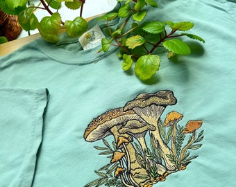 Sage Fungi Foliage Tee Embroidered - Women’s Unisex 100% cotton t-shirt - Gifts for - Cottagecore - Granola - comfort colors