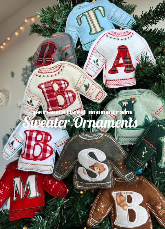 Custom Monogram Applique Christmas Sweater Ornaments - Artisan Made from Recycled Materials