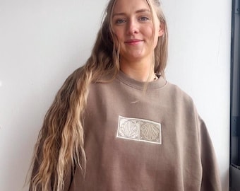 Mocha Brown By the Sea Shell Embroidered Sweatshirt - Women's Boxy Fit, Fleece Heavyweight Crewneck