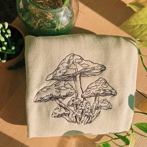 Tan Mushroom Doodle Embroidered Crewneck - Unisex Embroidered Fleece Pullover - Custom Crewneck - Embroidered Sweatshirt - Mushroom Apparel