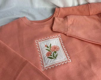 January Carnation Pink Embroidered Sweatshirt - Women's Boxy Fit, Fleece Heavyweight Crewneck