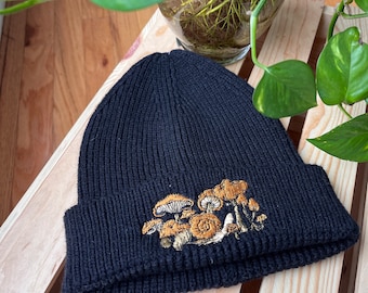 Black Rib Knit Embroidered Beanie - Winter Hat - Mushroom - Floral - Sun & Moon - Cottagecore Fall Embroidered Gifts - Bee - Sustainable