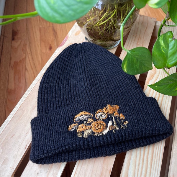 Black Rib Knit Embroidered Beanie - Winter Hat - Mushroom - Floral - Sun & Moon - Cottagecore Fall Embroidered Gifts - Bee - Sustainable