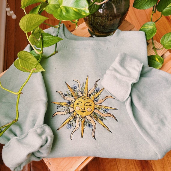 Embroidered Floral Sun Crewneck – Sage Green Celestial Sweatshirt
