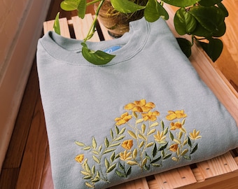 Sage Floral Embroidered Crewneck - Unisex Embroidered Fleece Pullover - Custom Crewneck - Embroidered Sweatshirt - Hippie Boho Apparel
