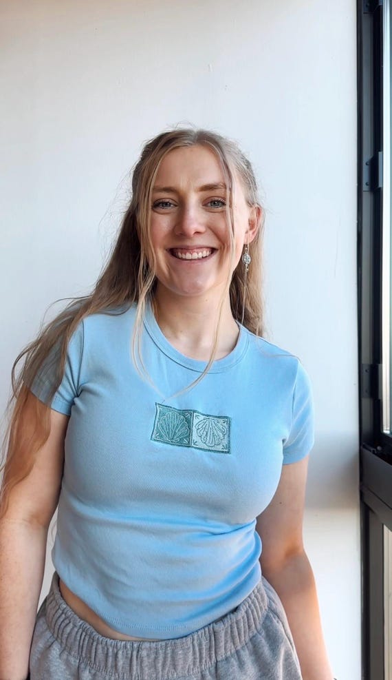 Embroidered Shells Women’s Baby Tee – Beachy Summer T-Shirt