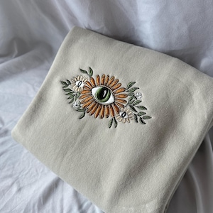 Beige Floral Evil Eye Embroidered Crewneck - Boho Fleece Pullover