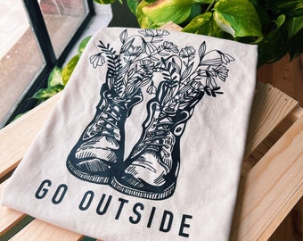 Go Outside Printed T-Shirt - Unisex Fall Foliage Short Sleeve Top - Gifts for Him - For Her - Handmade Indie Cottagecore Printed T