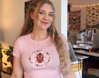 Embroidered Strawberry Ladybug Baby Tee – Cottagecorecore Cotton T-Shirt