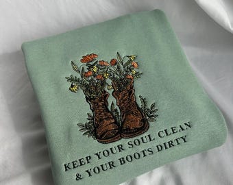 Embroidered Floral Hiking Boots Fleece Sweatshirt – Artisan Made Heavyweight Crewneck