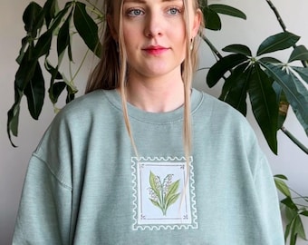 May Lily of the Valley Sage Green Embroidered Sweatshirt - Women's Boxy Fit, Fleece Heavyweight Crewneck