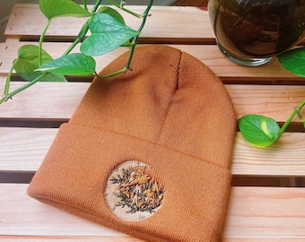 Camel Beanie - Embroidered Beanie - Boho Beanie - Winter Hat - Mushroom Tobogan Accessory - Floral Moon Phase - Cottagecore - Hippy