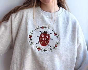Embroidered Strawberry Ladybug Women's Boxy Fit Sweatshirt - Artisan Made Embroidered Crewneck