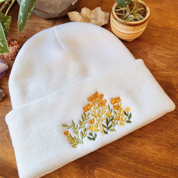 Embroidered Floral Beanie – Botanical Plant Hat, Winter Knit