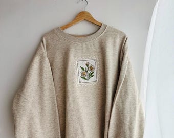 April Daisy Beige Embroidered Sweatshirt - Women's Boxy Fit, Fleece Heavyweight Crewneck