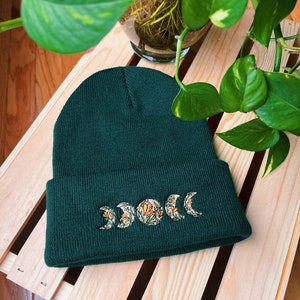 Floral Moon Phase Beanie - Embroidered Beanie - Boho Beanie - Winter Hat - Mushroom Hat - Embroidered Accessory