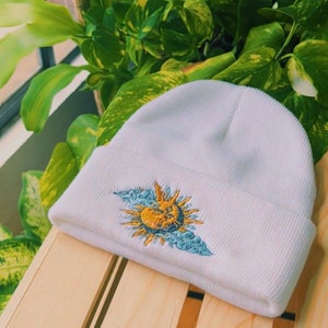 Embroidered Sun & Moon Beanie - Sun Embroidery - Boho Sun Beanie - Embroidered Winter Hats - Christmas Gift Idea - Custom Beanie