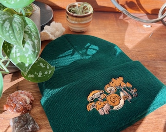 Mushroom Snail Beanie - Embroidered Beanie - Boho Beanie - Winter Hat - Mushroom Hat - Embroidered Accessory - Mushroom Art - Mushroom Snail